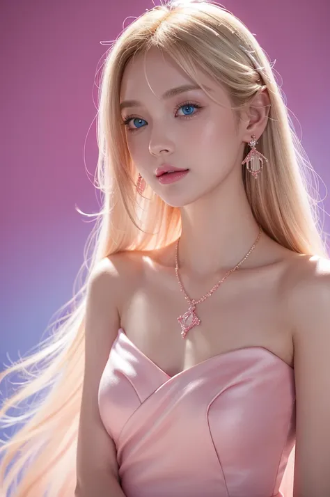 1 Girl，Star blue eyes，Blush，Perfect lighting，Upper Body，3DMM，blond，Long hair，Jewelry，Gradient pink background，Pink dress，earrings，Pink dress，lifelike，necklace，Looking at the audience，Headdress，Pink lips，Light smile，Unreal Engine，Side lighting，Detailed face...