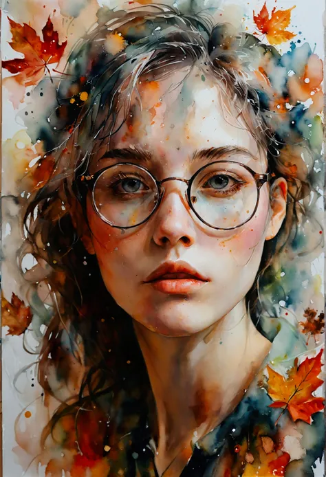 A painting by mse《Woman wearing glasses》，author：agnes cecile, Luminous design, Soft colors, Ink drops, Autumn Lights