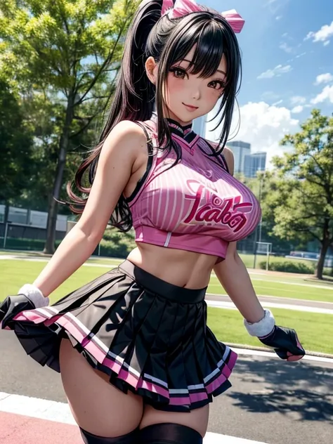 Photorealistic, high resolution, A Japanese Cheerleader named Jade, solo, heavy makeup, Double D breast. Hips up, (Detailed face), Pink Cheerleader outfit with short pleated skirt. Black hair, Long hair, Skirt opened to reveal Black lace Panties and thigh ...