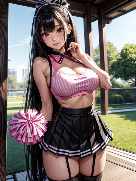 Photorealistic, high resolution, A Japanese Cheerleader named Jade, solo, heavy makeup, Double D breast. Hips up, (Detailed face), Pink Cheerleader outfit with short pleated skirt. Black hair, Long hair, Skirt opened to reveal Black lace Panties and thigh ...