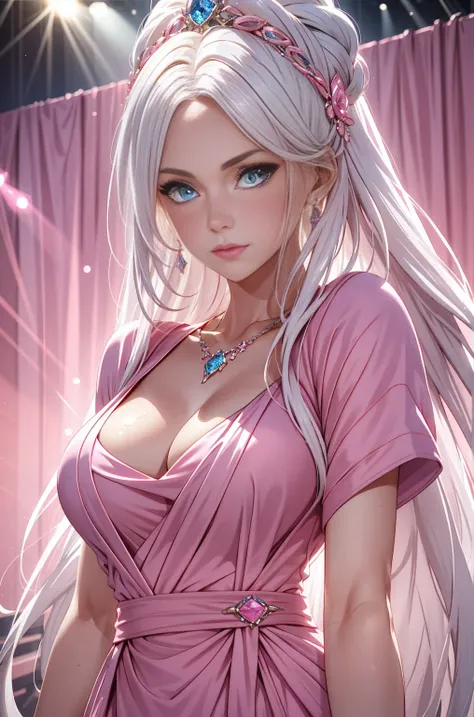 1 Girl，Star blue eyes，Blush，Perfect lighting，Upper Body，3DMM，blond，Long hair，Jewelry，Gradient pink background，Pink dress，earrings，Pink dress，lifelike，necklace，Looking at the audience，Headdress，Pink lips，Light smile，Unreal Engine，Side lighting，Detailed face...