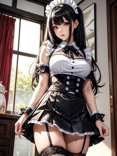 Photorealistic, high resolution, A Japanese Maid named Jade, solo, heavy makeup, Hips up, (Detailed face), Black hair, Long hair, Skirt opened to reveal Black lace Panties and thigh high black and white striped Socks. black micro skirt, Ripped Stockings. F...