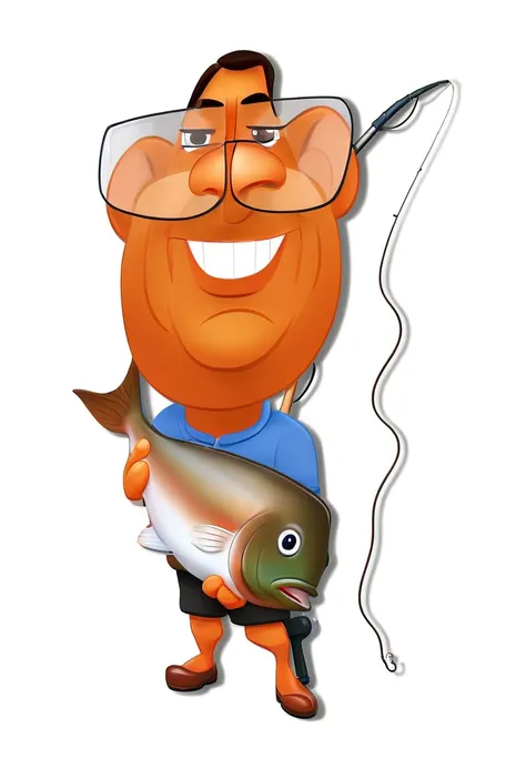 cartoon man holding a fish and a fishing rod, hd illustration, fisherman, fish man, harry volk clip art style, caricature illustration, fishing, clipart, commercial illustration, cel shaded vector art, old man, caricature style, redneck, in cartoon style, ...