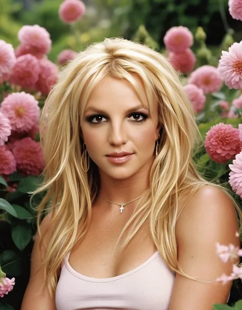 britney spears with long blonde hair sitting in a flowerbed, persephone in spring, goddess of flowers, the non-binary deity of s...