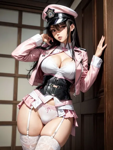 Photorealistic, high resolution, A Japanese Police woman named Kimmi, solo, heavy makeup, Hips up, (Detailed face), Black hair, Long hair, pink and white leather jacket opened to reveal pink and White corset and pink lace Panties , white micro skirt, Rippe...