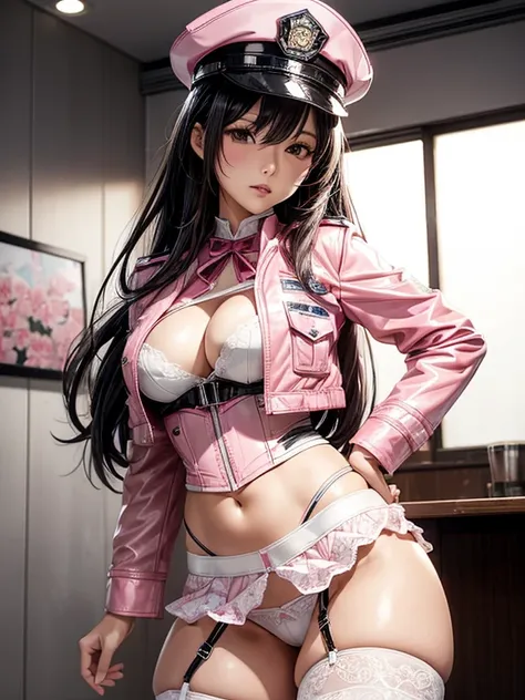 Photorealistic, high resolution, A Japanese Police woman named Kimmi, solo, heavy makeup, Hips up, (Detailed face), Black hair, Long hair, pink and white leather jacket opened to reveal pink and White corset and pink lace Panties , white micro skirt, Rippe...