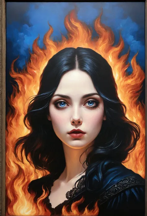 Deep blue sky oil painting, fire, Something New, No Fantastic Style – L&#39;oeil Fantastic details, Blink and、Details are lost, Wicano, Photolithography, Dark and eerie gothic, Romantic Gothic, Dark and decorative Gothic