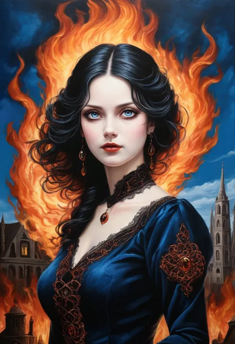 Deep blue sky oil painting, fire, Something New, No Fantastic Style – L&#39;oeil Fantastic details, Blink and、Details are lost, Wicano, Photolithography, Dark and eerie gothic, Romantic Gothic, Dark and decorative Gothic