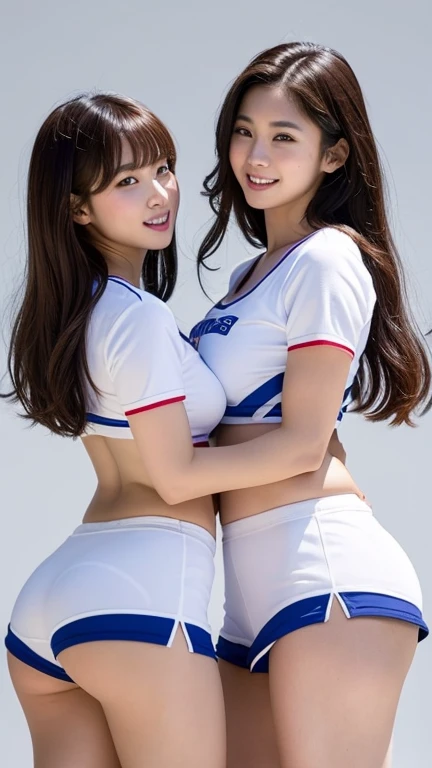 Big Ass　Two Women　(Cheerleader Outfits)　White underwear that bites into　Hips 190cm　so beautiful　Japanese　Dark Skin　Two people standing side by side with their butts sticking out　Super huge ass　Large Breasts　Background white　Grin