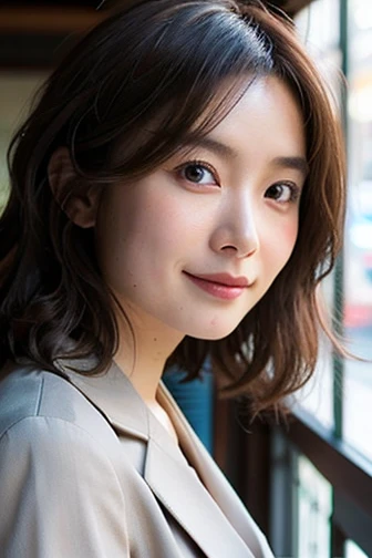 (Beautiful 30 year old Japanese female), cute face, (deeply carved face:0.7), (freckles:0.6), soft light,healthy white skin, shy, (serious face), (sparkling eyes), thin, smile, uniform