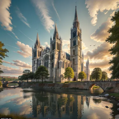 colossal gothic cathedral,ornate concentric architecture,stained glass windows,towering stone walls,pristine moat,white marble bridge,flying buttresses,intricate architectural details,dramatic lighting,warm color palette,photorealistic,8k,ultra-detailed,ma...