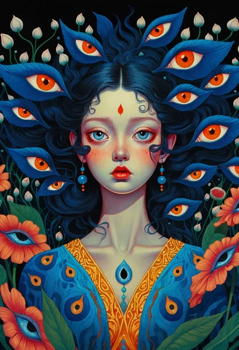 There is a painting，There is a blue eye in the painting，There are many eyes on it, Justin Gerard&#39;s Hyperrealistic Paintings, Winner of the Behance competition, Psychedelic Art, Psychedelic illustration, Juster Battle, beeple 和 james jean, Psychedelic s...