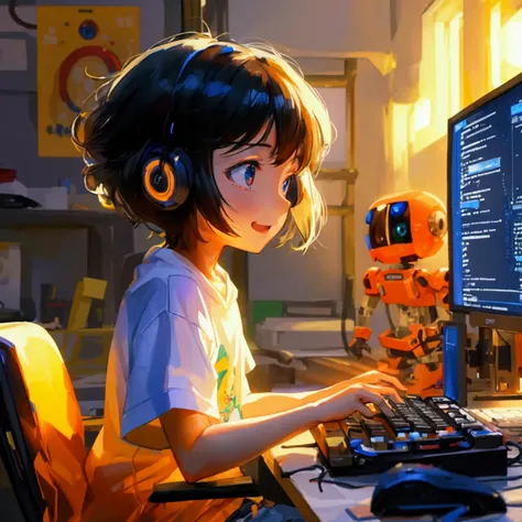 a confident Japanese child, around 10 years old, coding with a determined expression, eyes sparkling with joy and excitement. They are slightly smirking, focused on the screen, with their fingers confidently tapping on the keyboard. The room is clean and o...