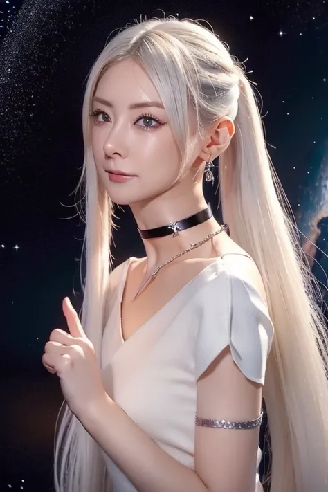 simple hands:0.5)+(Detailed hands:0.7),(((Put your index finger over your mouth)))、((Choker Necklace:1.5))、Platinum Jewelry、Long twin tails、Soaring hair、Big earrings、See-through white glitter dress、 (masterpiece), (best quality), white hair, red Eye,1 girl...