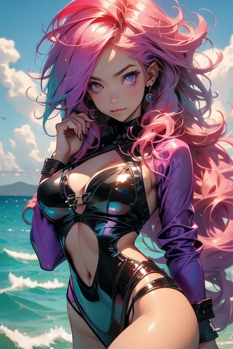 Perfect face. Perfect hands. A pink haired woman with violet eyes with an hourglass figure in a sexy silky bikini is posing in the waves