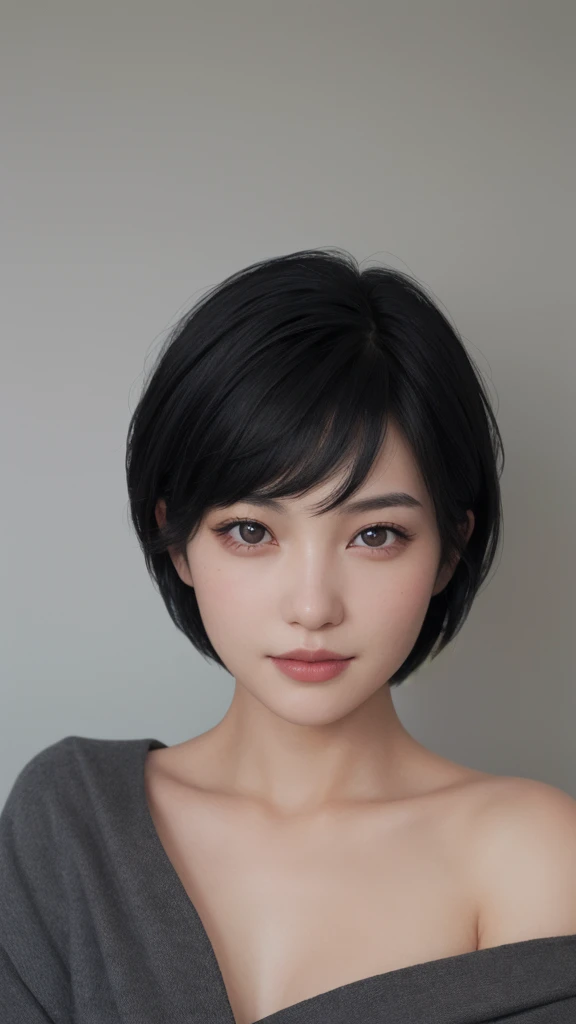 One girl, Black short hair, photograph, Realistic, Highest quality, Detailed face, Realistic eyes, View from the shoulders up