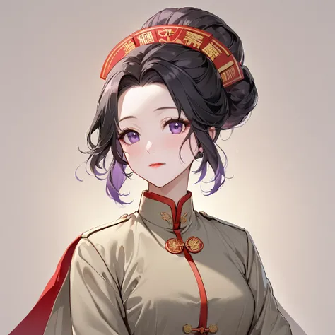 ((Highest quality)), ((masterpiece)), (detailed), （Perfect Face）、The woman is a Chinese woman named Kocho Shinobu, with black hair in a purple gradient bob with evening hair updos, and is wearing an engagement ring. She has become a member of the glorious ...