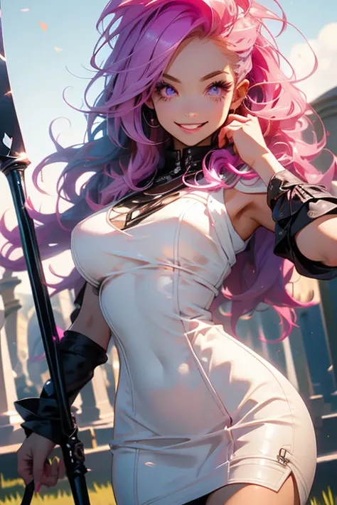 Perfect face. Perfect hands. A pink haired woman with violet eyes with an hourglass figure in a white leather dress is spinning her scythe in the cemetery with a big smile