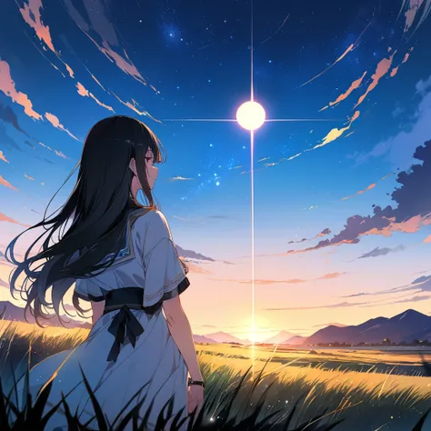 (((masterpiece))),(((Highest quality))),((Very detailed)),Rear View, Gaze at the sun, 空にはuniverse船がある, three suns, Black Hair Girl(Stand 20 meters apart),Standing in the grassland, landscape, universe, 8k, Super Detail,The whole scene is shining&#39;S、illu...