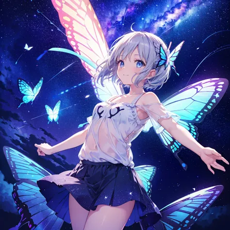 One girl((Fairy,Butterfly Wings Happiness)) background((Milky Way,Shooting star shine))smile ,Gray Hair,Short bob blue eyes,Super Shining,camisole,Long Hem Super Pop Anime,Anime The Wind Blows,Jagged front,Raise your arms,Floating Shining,background