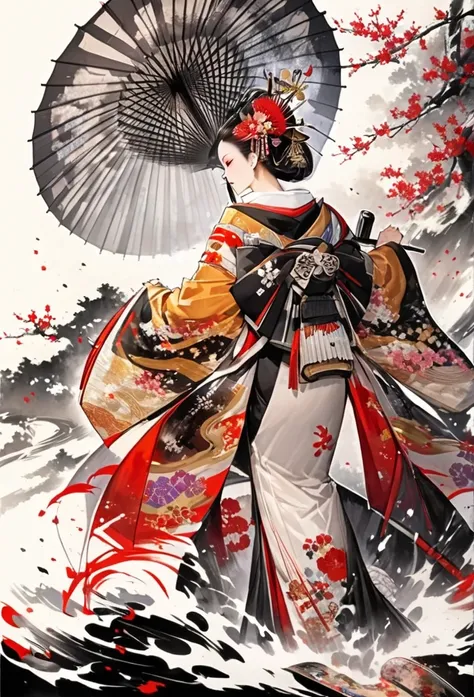 ink and ink painting,black and white painting,splash,,whole body,oiran,(gorgeous costumes,kimono,kimono,)oiranの髪飾り,beautiful det...