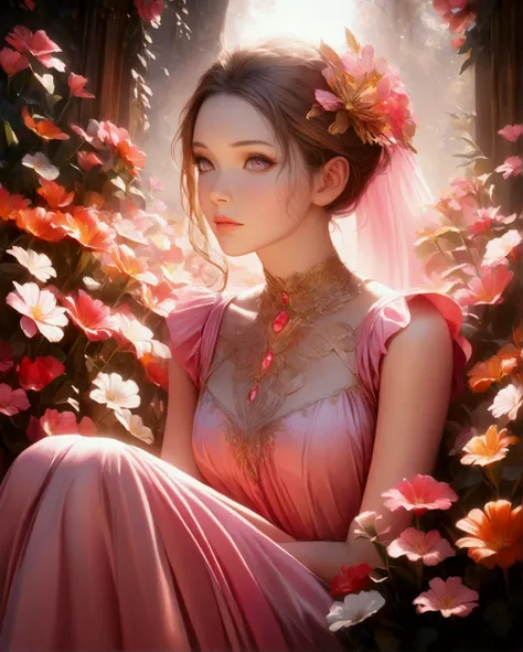 1girl, beautiful detailed eyes, beautiful detailed lips, extremely detailed face, long eyelashes, elegant pink dress, sitting in a lush garden, surrounded by colorful flowers, natural lighting, photorealistic, highly detailed, 8k, cinematic lighting, vibra...