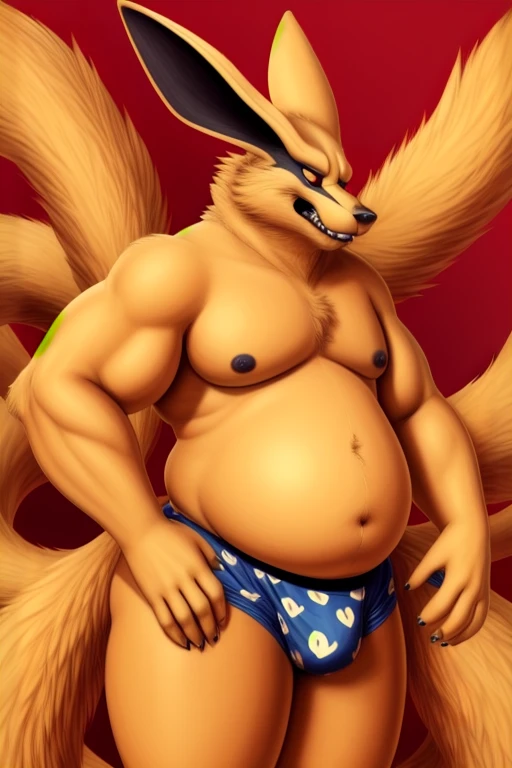 kurama, background, roar, Nine tails, A nine-tailed fox fat and big, big fox fat. 9 tails are corp and gos he has a lot of fat  no muscle hes not muscular he doesnt have muscles, hes fat obese fatty are body and full of fat, handjob in heart pattern boxers...