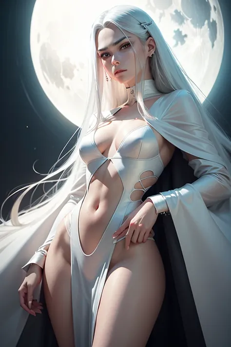 masterpiece, Highest quality, (alone focus), (Perfect Face:1.1), (Attention to detail:1.1), (Ultra-detailed eyes), dramatic, A man with white skin and long, voluminous white hair, White eyes, alone, Long Hair, Sephiroth, moon, night, White luxury suit, Cov...