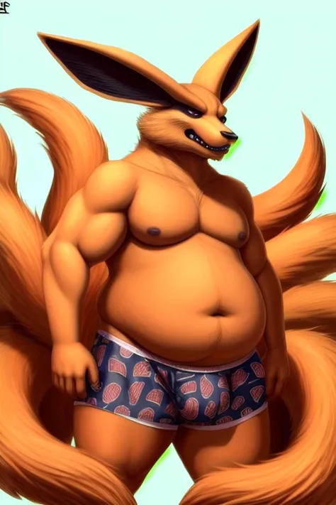 kurama, background, roar, Nine tails, A nine-tailed fox fat and big, big fox fat. 9 tails are corp and gos he has a lot of fat  no muscle hes not muscular he doesnt have muscles, hes fat obese fatty are body and full of fat, handjob in heart pattern boxers...