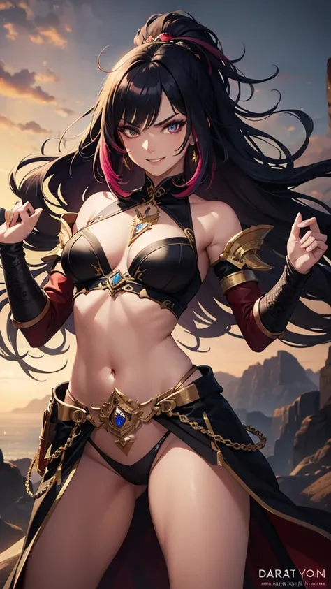 masterpiece,best quality,high resolution,ultra-detailed,1woman,fantasy,multicolored hair,angry smile,FAINAL FANTASY,general woman,open stance,sexy makeup,dark skin,