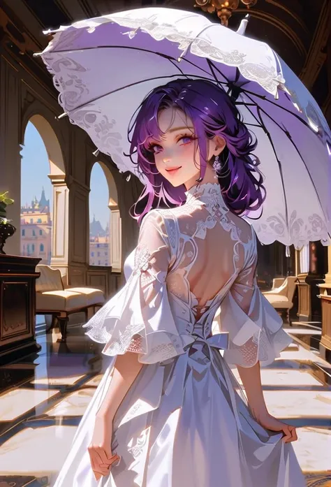 Style 10，woman，I have an old umbrella，Turn your back，In a luxurious palace，smile，Long Hair、Purple mesh hair