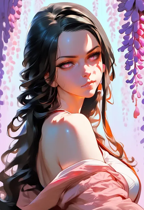 work of art, (pink kimono), alluring face, good lighting, neckleace, fine-details, work of art, glare eyes, 1 girl, Bblack hair, suction, nezuko kamado, wisteria background, work of art, best qualityer, ass pov,,