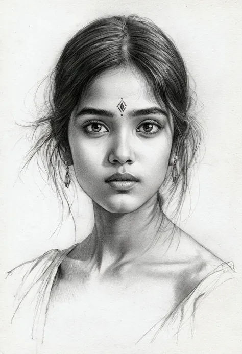 a delicate, graphite sketch shows a naked indian girl, her features rendered in subtle shading and precise lines. the framing is...