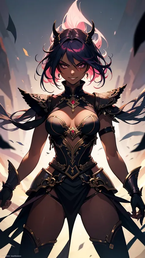 masterpiece,best quality,high resolution,ultra-detailed,1woman,fantasy,multicolored hair,angry smile,FAINAL FANTASY,general woman,open stance,sexy makeup,dark skin,