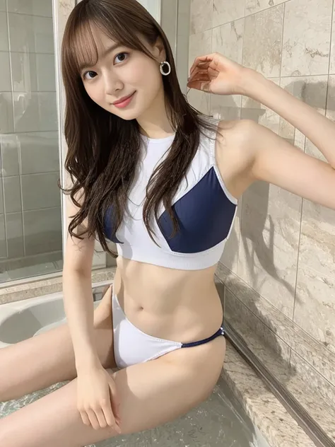 Highest quality、masterpiece、detailedまで美しい、Navy and white high cut swimsuit、Swimming School Coach、Wet swimsuit、detailed, Oily and shiny skin、Shiny thighs、One beautiful woman、Big Breasts、25-year-old gravure idol、Medium brown hair、Nogizaka Idol、Sensual look、S...