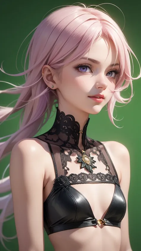 (masterpiece, best quality), intricate details, thin, ((slim)), beautiful girl, Light pink hair, light purple eyes, sharp jawline, Looking ahead , messy hair, lips, upper body, smirk, Green background, Black skin, Straight posture.