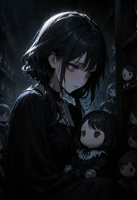 1porcelain doll, low twintails, black hair, detailed face, ((emotionless expression)), ((lifeless)), plain white skin, plain white eyes, long eyelashes, (gaze down), black eye liner, gray lipstick, black dress, medieval theme, (dark horror theme), cold lig...