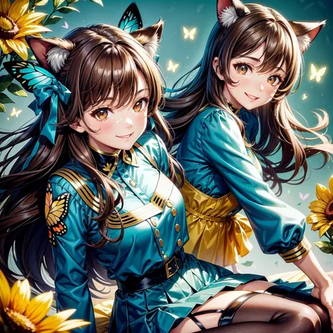 Brown hair, bright brown eyes, older woman, hair bows, cat ears, long hair, smiling face, sexy outfit, butterflies, teal and gold outfit, butterfly background, uniform top