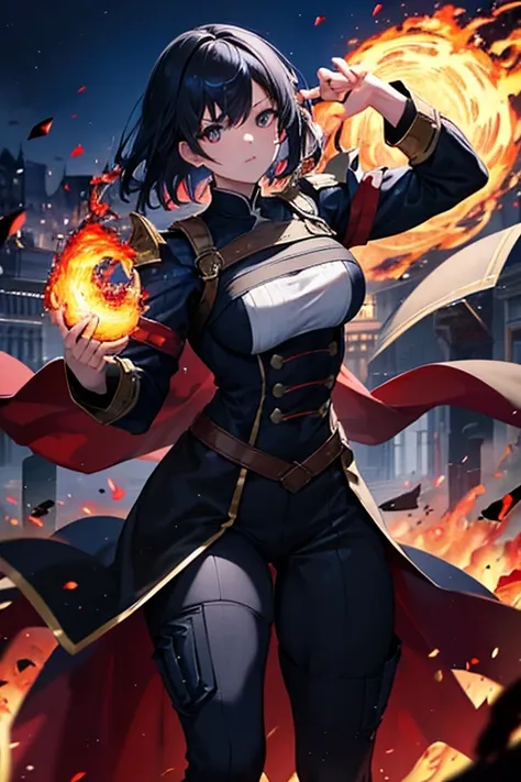 original character、Black Hair、Dressed in tight-fitting blue and white combat uniforms、Controlling fire from your hands、Spreading fire all around、Fire Serpent、Black eyes glowing red、Muscular body、Medieval European cityscape、Scrap bricks、Beautiful blue sky、S...