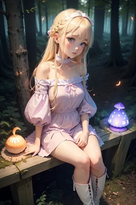 A light blonde haired anime girl with pale blue purple eyes、Wearing a pink off-the-shoulder puffy sleeve dress and knee-length white boots、Under the stars、Sitting in the woods next to an orange mushroom surrounded by fireflies。  