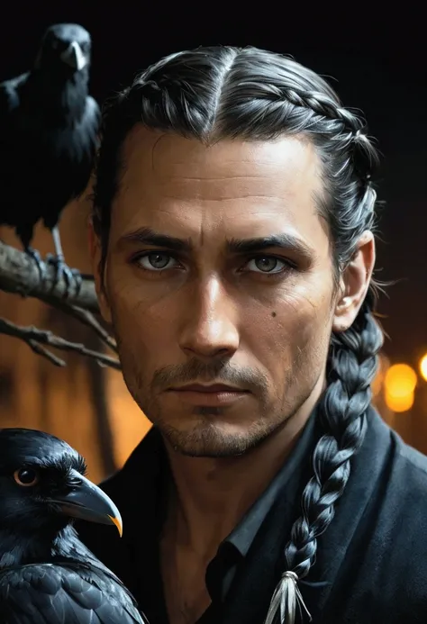 a man with crows, at night low light, indiginous and braided hair, kind eyes
