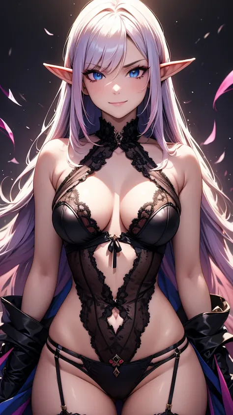 masterpiece,best quality,high resolution,ultra-detailed,1woman,fantasy,multicolored hair,angry smile,elf,general woman,open stance,sexy makeup,dark skin,detailed lace lingerie,