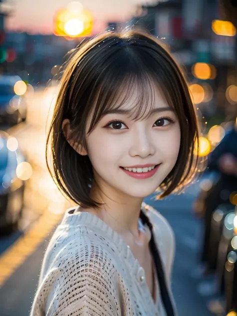 photograph of a happy looking beautiful young Japanese woman with slender smiling face and slant eyes like a cat, at the sunset seaside road, black hair, melancholic atmosphere,