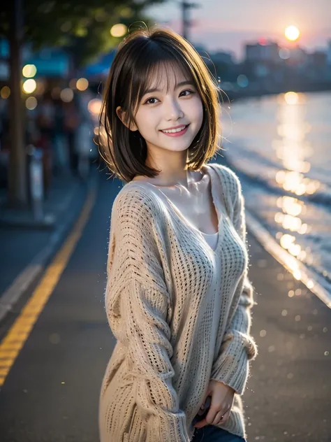 photograph of a happy looking beautiful young Japanese woman with slender smiling face and slant eyes like a cat, at the sunset seaside road, black hair, melancholic atmosphere,