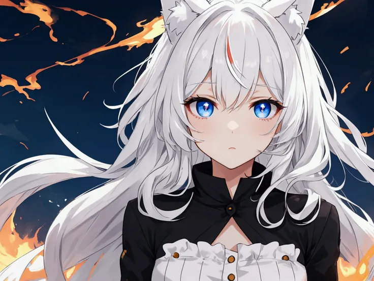 An anime girl with a pair of cat ears, the inside of the ears is soft white fluff, Beautiful eyes, white hair, Blue eyes, with headphones, his eyes are serene, he is coming out of a battle, beautiful eyes, black hair, blue eyes, scene apocaliptica on fire,...