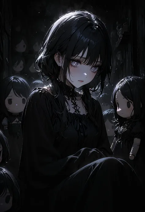 1porcelain doll, low twintails, black hair, detailed face, ((emotionless expression)), ((lifeless)), plain white skin, plain white eyes, long eyelashes, (gaze down), black eye liner, gray lipstick, black dress, medieval theme, (dark horror theme), cold lig...