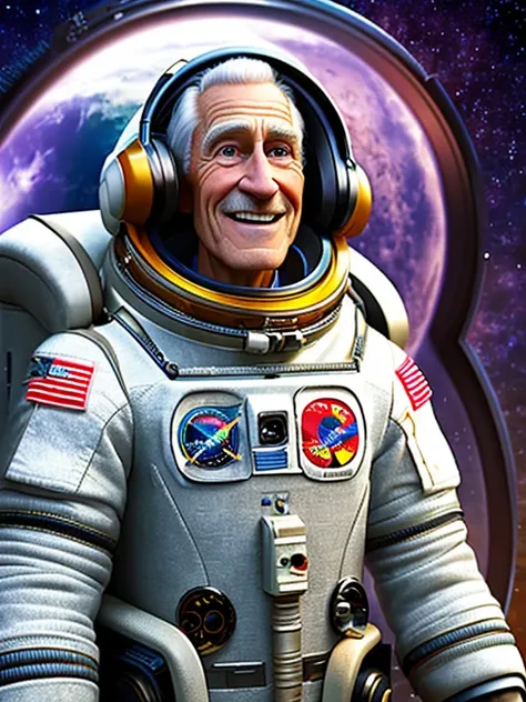 Pixarstyle A waist-high portrait of an elderly man astronaut, smile, natural skin texture, 4K textures, HDR, intricate, highly detailed, sharp focus, cinematic look, hyper-detailed