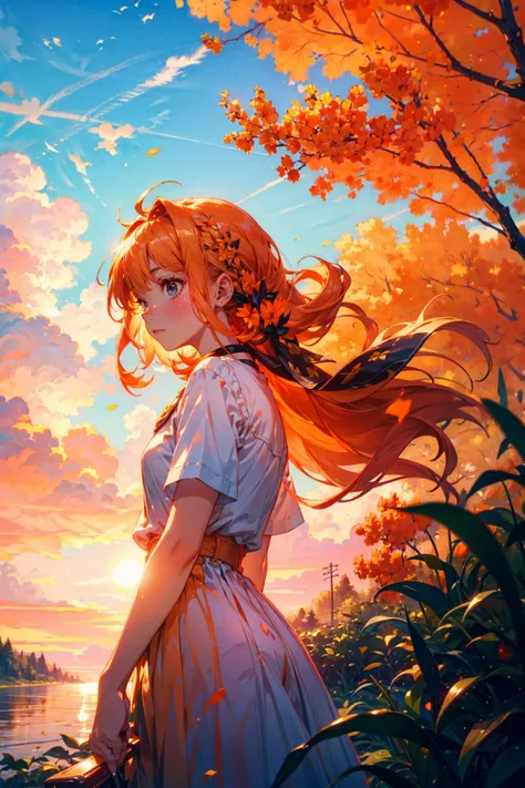 1girl,solo,cute,orange hair,outdoor,sunny day,brilliant sky,nature