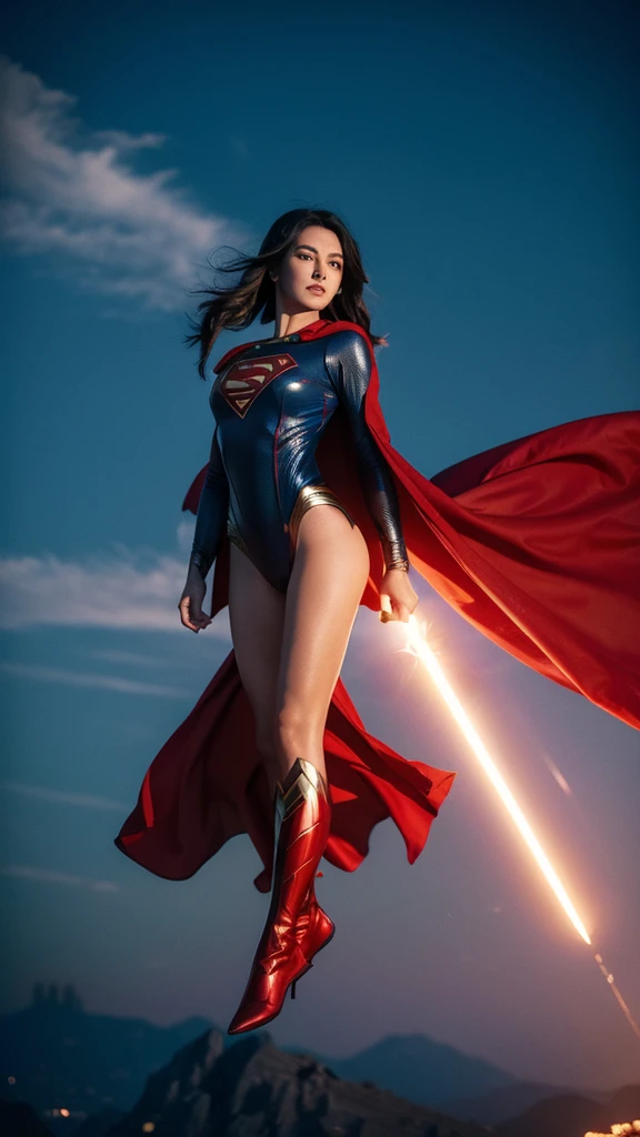 Woman wearing detailed SuperMan costume with full sleeves covering the entire body, short black hair, serious face, (flying in sky), vivid colors, dramatic lighting, red cape, cinematic costume, carbon fiber detailed suit,