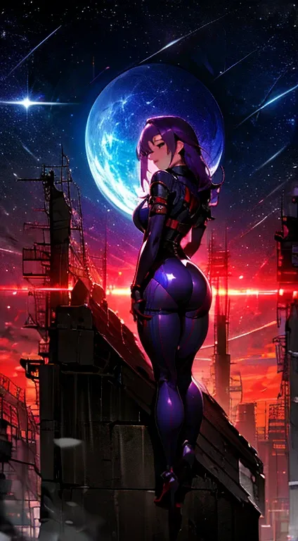 Best Quality, 1girl ,20years, waist portrait,sexy beauty, Perfect body figure, Purple hair, sexy clothes, Latex  Stockings, latecles, stands with his back, looking over your shoulder at the first person, toxicpunk scene background , night, starry sky dark ...